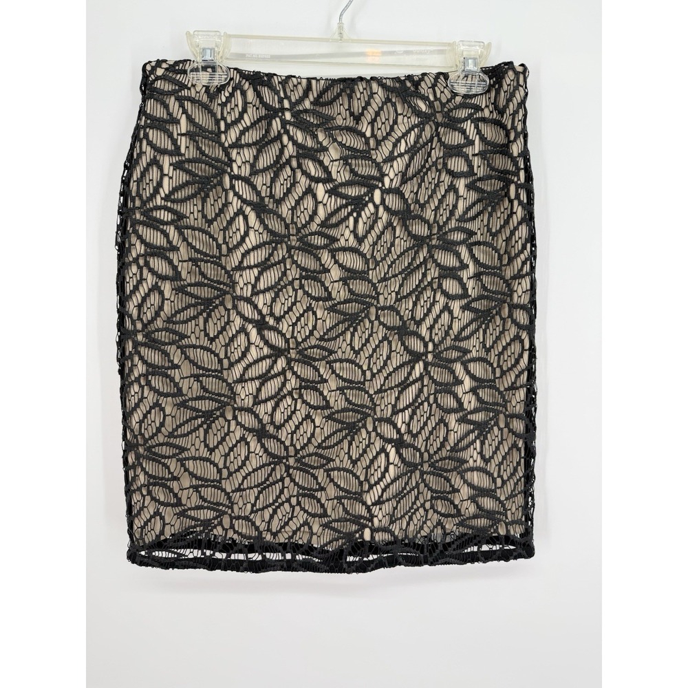 Ann Taylor Black Lace Pencil Skirt Tan Lining Knee Length Classic Goth Size 8P